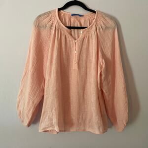 J. McLaughlin Peach Pink Linen Peasant Blouse Smocked Women's size Medium